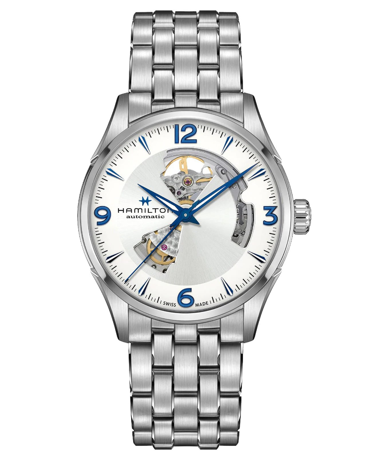 Hamilton Hamilton Jazzmaster Open Heart Auto H32705152  H32705152 механические мужские часы синий циферблат, браслет нержавеющая сталь — вид спереди